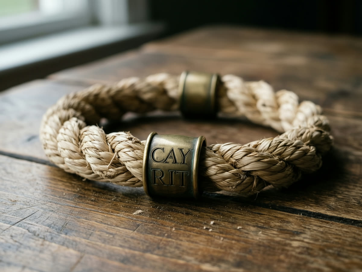 A hand-plaited pale palm-fibre rope bracelet with brass end caps.