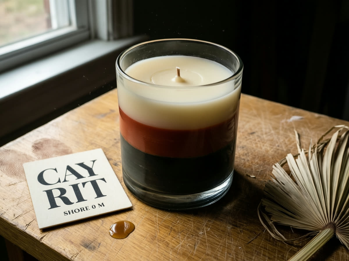 A heavy glass tumbler candle poured in three horizontal bands of cream, oxblood and umber wax.