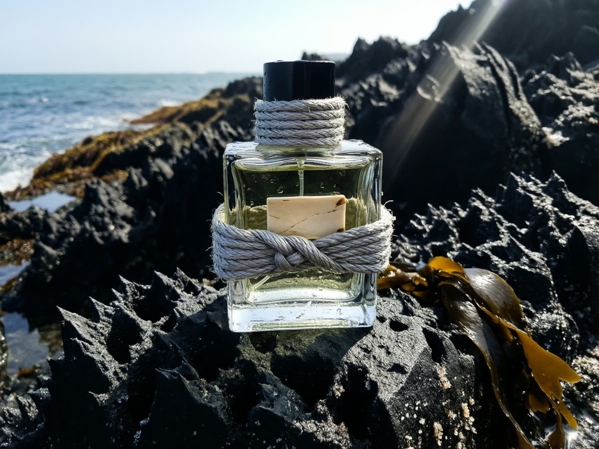 A heavy square glass perfume bottle, its cap wrapped in plaited pale palm cord, standing on wet black rock.