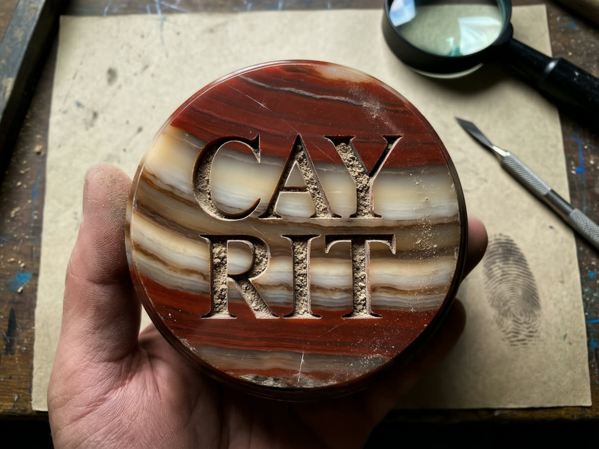 A polished disc of banded caymanite engraved with CAY over RIT, held at a lapidary bench.