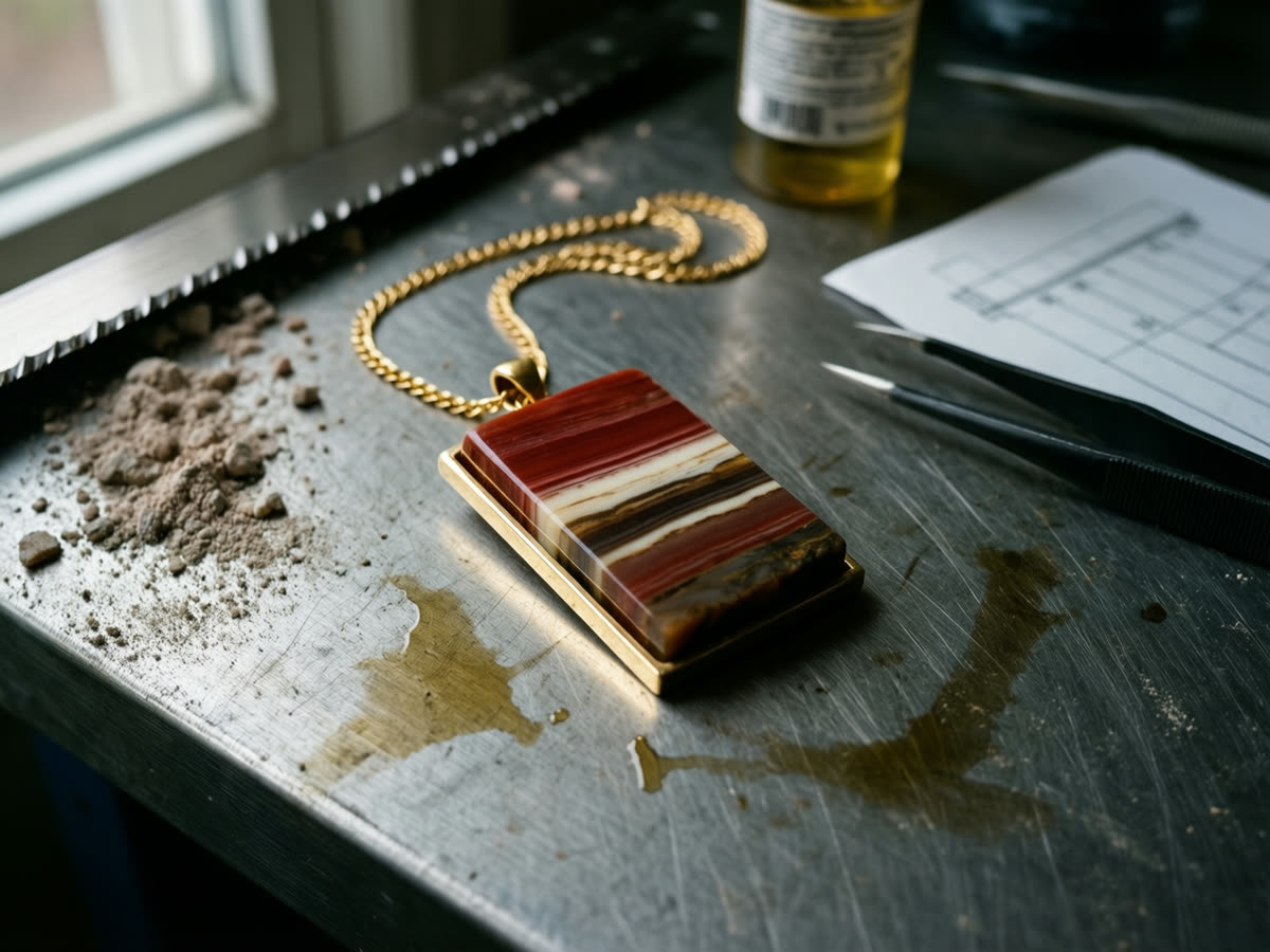 A rectangular pendant of banded red and cream stone in a thin gold frame on a fine chain.